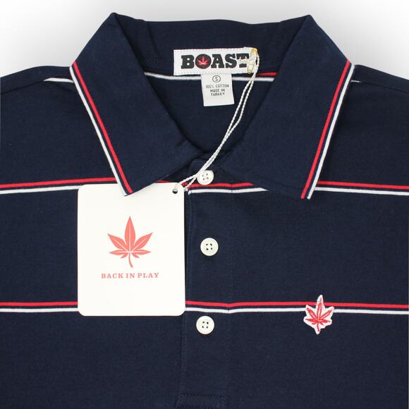 NEW Small BOAST USA Mens Jersey Striped Polo Navy White Red Cotton - Picture 6 of 9